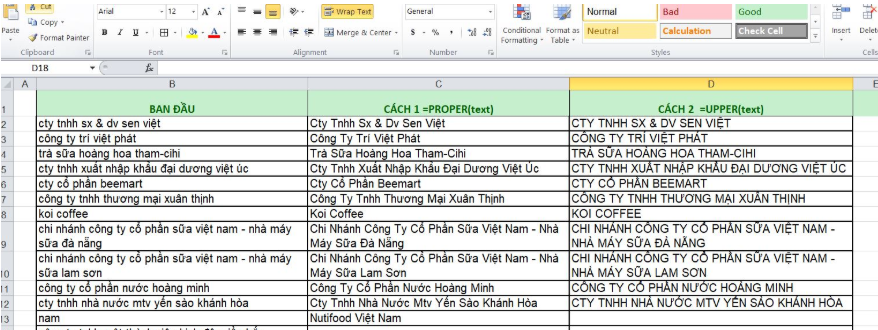 Viết hoa tất cả các chữ trong excel